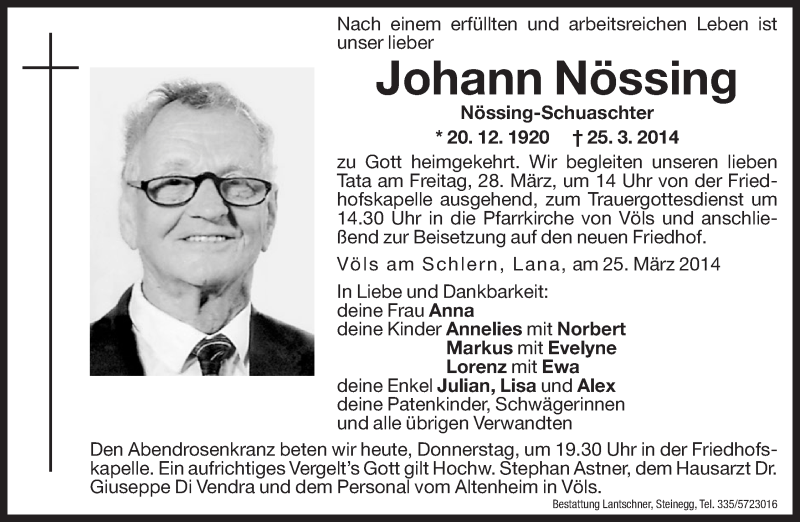  Traueranzeige für Johann Nössing vom 27.03.2014 aus Dolomiten