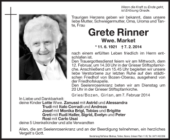 Traueranzeige von Grete Market von Dolomiten