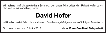 Traueranzeige von David Hofer von Dolomiten