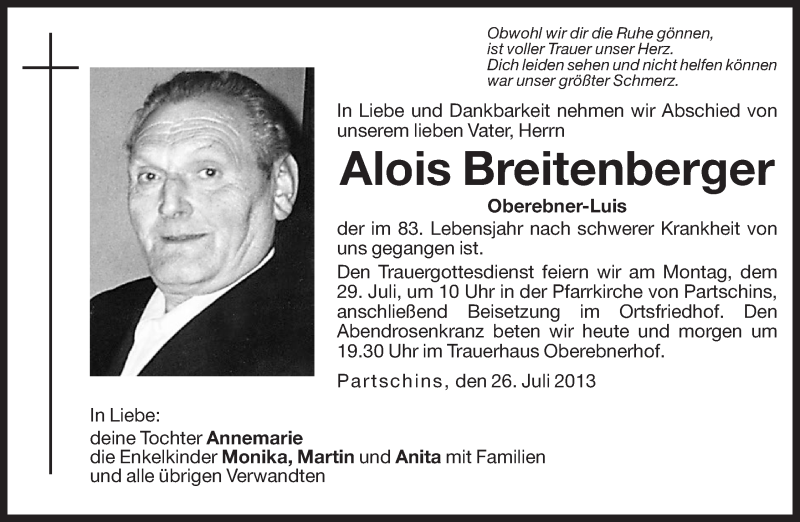  Traueranzeige für Alois Breitenberger vom 27.07.2013 aus Dolomiten