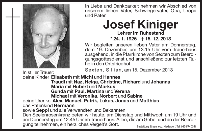  Traueranzeige für Josef Kiniger vom 16.12.2013 aus Dolomiten