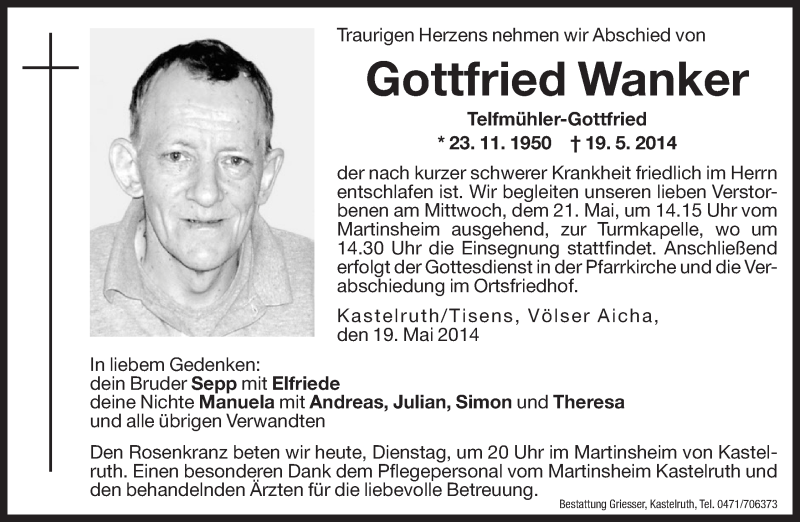  Traueranzeige für Gottfried Wanker vom 20.05.2014 aus Dolomiten