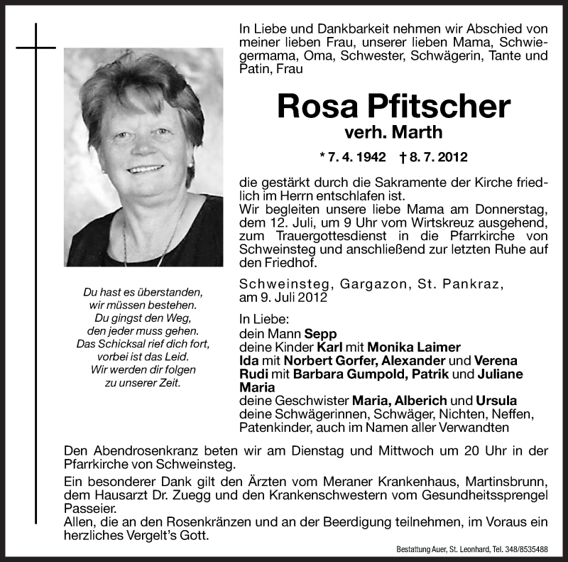  Traueranzeige für Rosa Marth vom 10.07.2012 aus Dolomiten