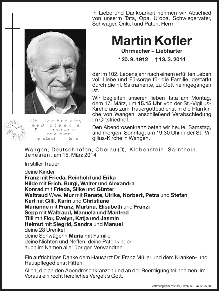  Traueranzeige für Martin Kofler vom 15.03.2014 aus Dolomiten