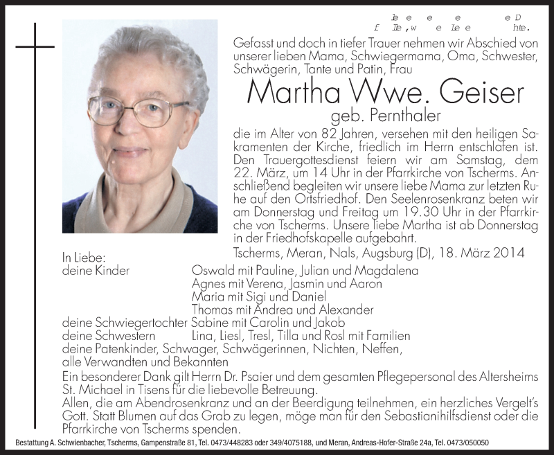  Traueranzeige für Martha Geiser vom 19.03.2014 aus Dolomiten