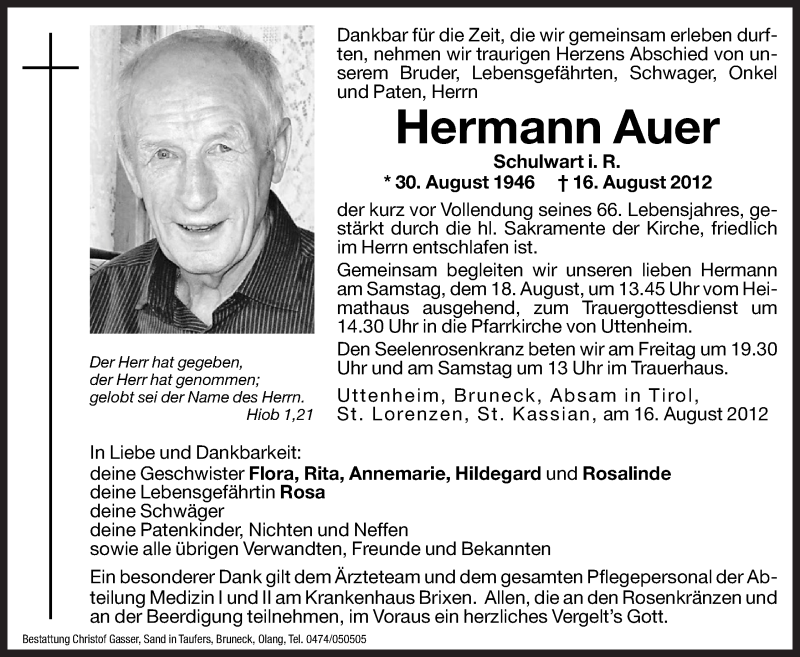  Traueranzeige für Hermann Auer vom 17.08.2012 aus Dolomiten