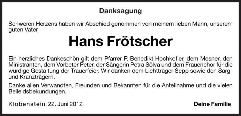  Traueranzeige für Hans Frötscher vom 22.06.2012 aus Dolomiten