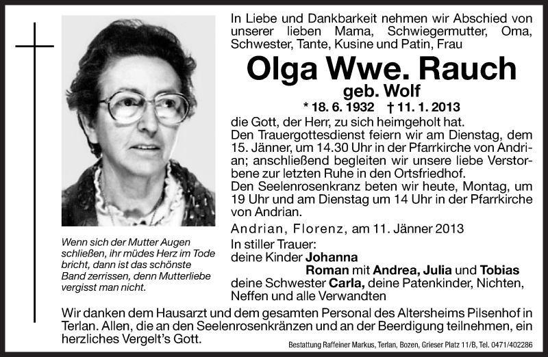  Traueranzeige für Olga Rauch vom 14.01.2013 aus Dolomiten