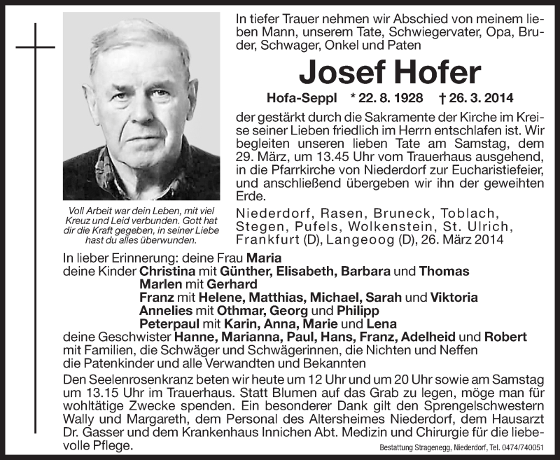  Traueranzeige für Josef Hofer vom 28.03.2014 aus Dolomiten