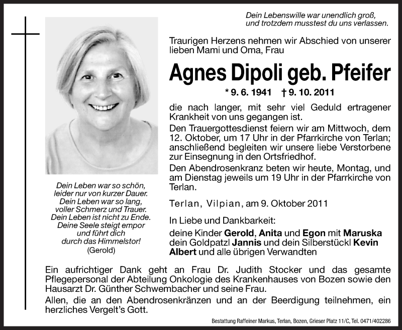  Traueranzeige für Agnes Dipoli vom 10.10.2011 aus Dolomiten