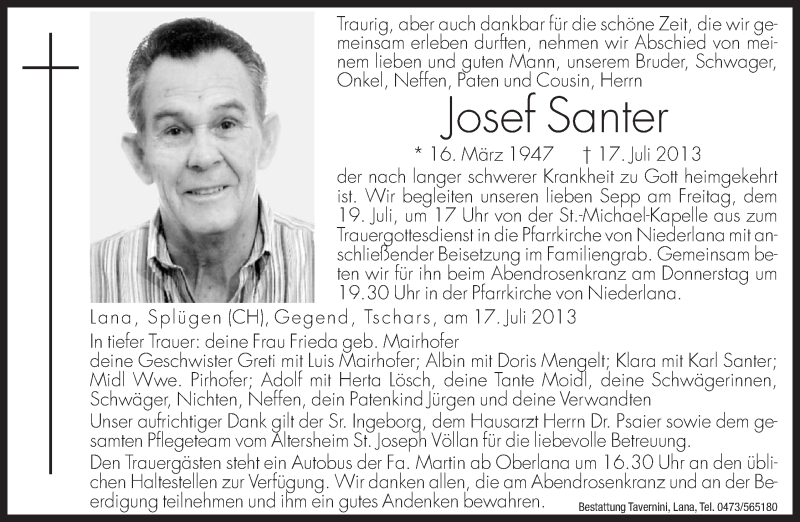  Traueranzeige für Josef Santer vom 18.07.2013 aus Dolomiten