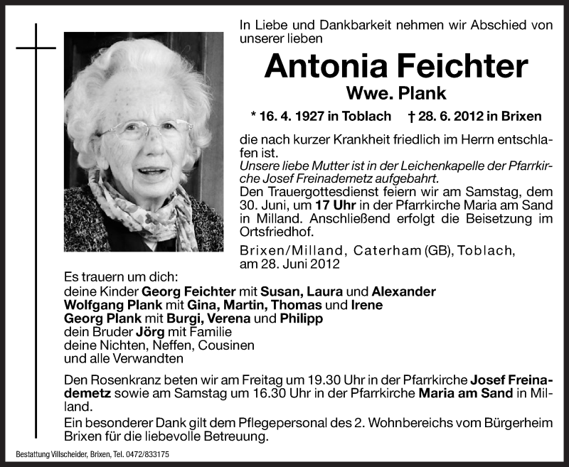  Traueranzeige für Antonia Plank vom 29.06.2012 aus Dolomiten