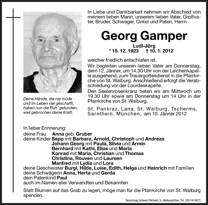  Traueranzeige für Georg Gamper vom 11.01.2012 aus Dolomiten