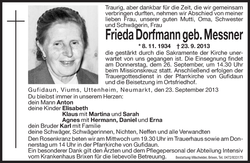  Traueranzeige für Frieda Dorfmann vom 25.09.2013 aus Dolomiten