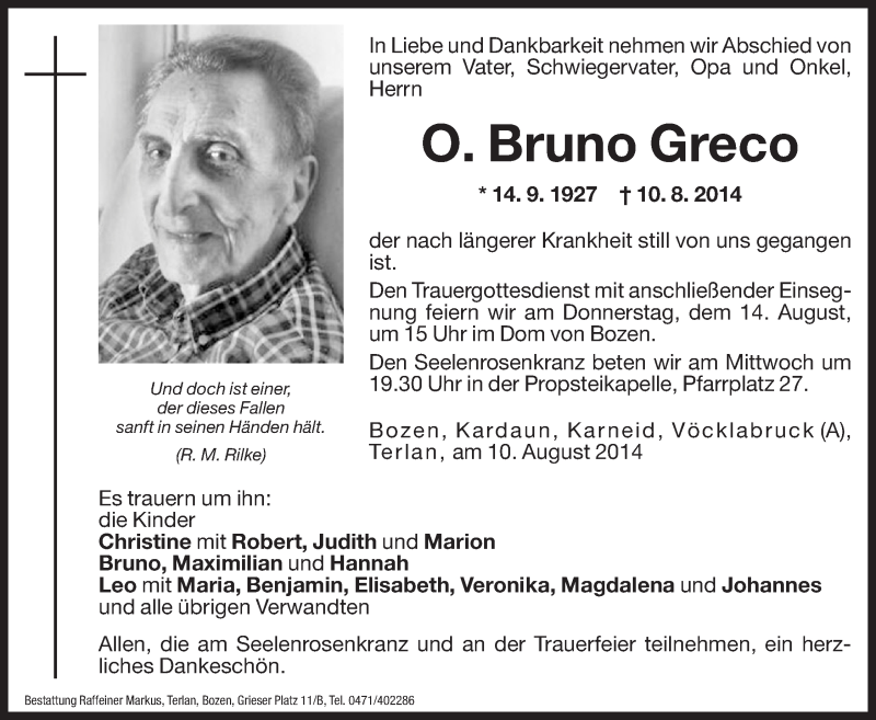  Traueranzeige für Bruno Greco vom 12.08.2014 aus Dolomiten