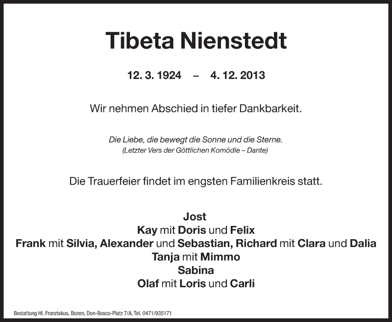  Traueranzeige für Tibeta Nienstedt vom 06.12.2013 aus Dolomiten