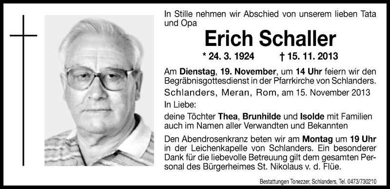  Traueranzeige für Erich Schaller vom 18.11.2013 aus Dolomiten