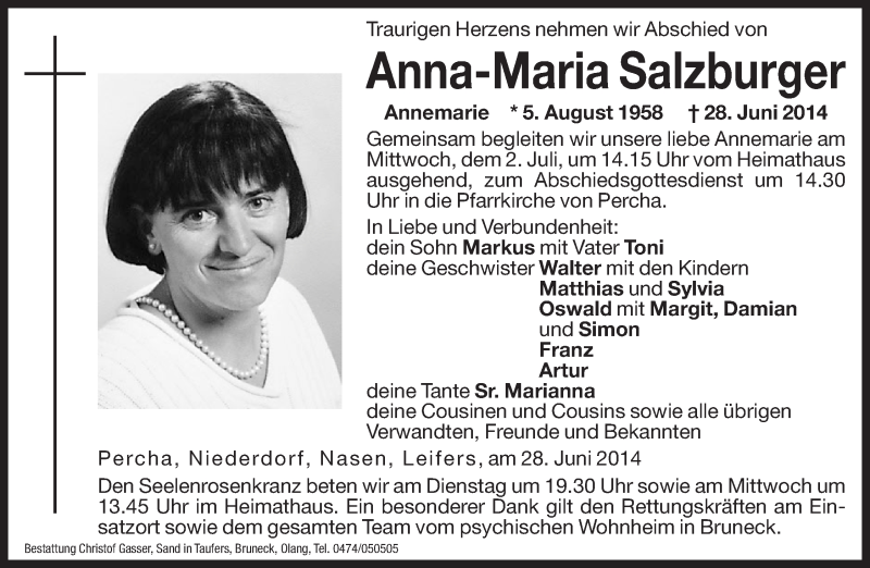  Traueranzeige für Anna-Maria Salzburger vom 01.07.2014 aus Dolomiten