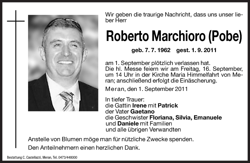  Traueranzeige für Roberto Marchioro vom 15.09.2011 aus Dolomiten