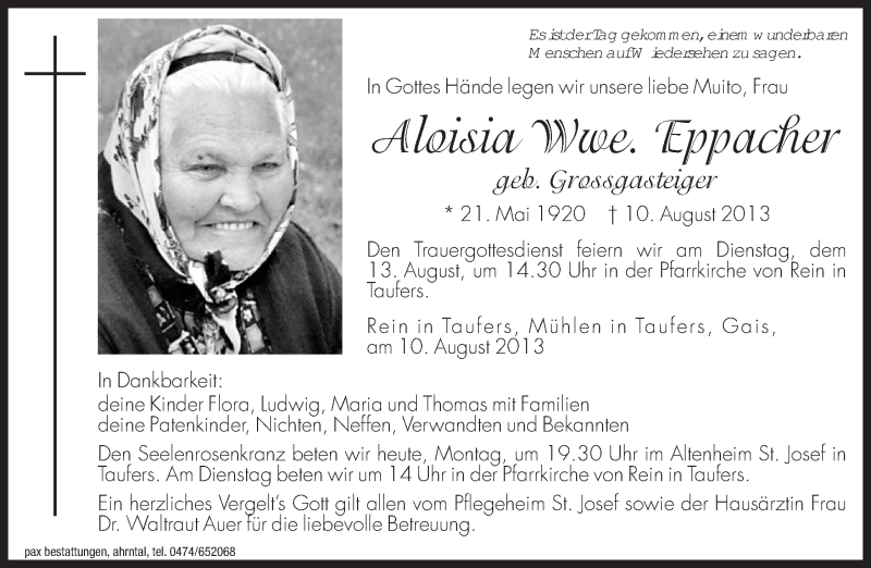  Traueranzeige für Aloisia Eppacher vom 12.08.2013 aus Dolomiten