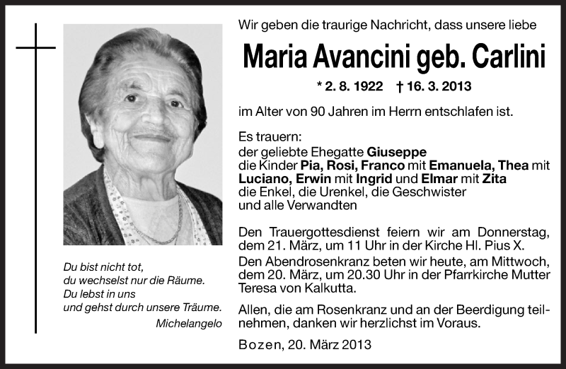  Traueranzeige für Maria Avancini vom 20.03.2013 aus Dolomiten