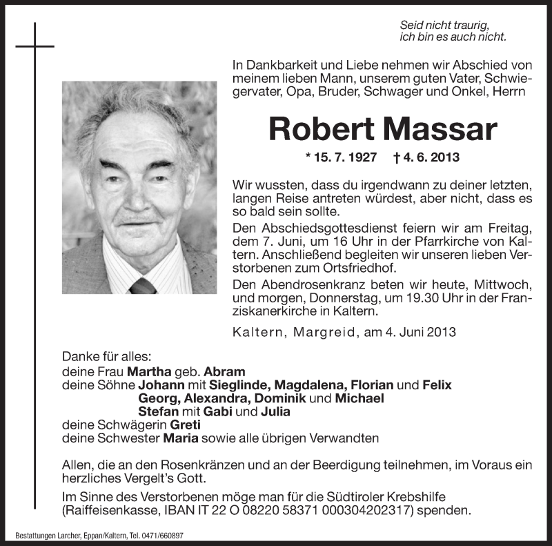  Traueranzeige für Robert Massar vom 05.06.2013 aus Dolomiten