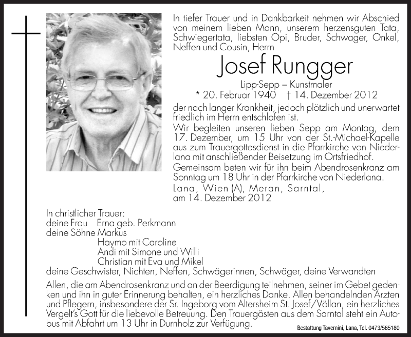  Traueranzeige für Josef Rungger vom 15.12.2012 aus Dolomiten