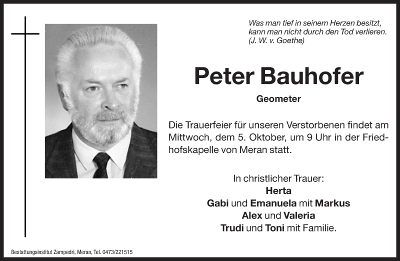  Traueranzeige für Peter Bauhofer vom 04.10.2011 aus Dolomiten