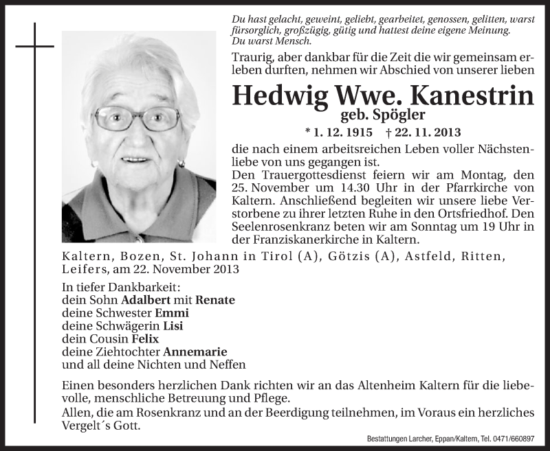  Traueranzeige für Hedwig Kanestrin vom 23.11.2013 aus Dolomiten