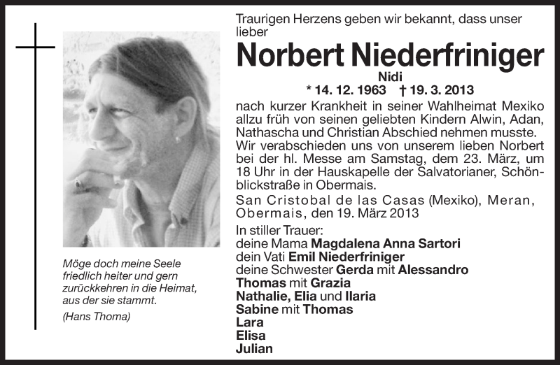  Traueranzeige für Norbert Niederfriniger vom 22.03.2013 aus Dolomiten