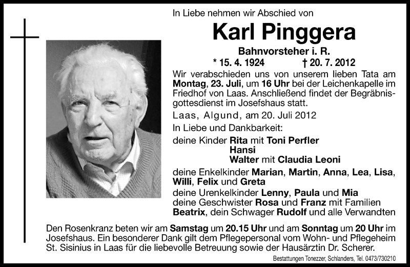  Traueranzeige für Karl Pinggera vom 21.07.2012 aus Dolomiten