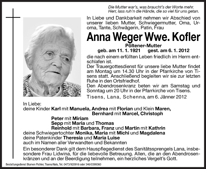  Traueranzeige für Anna Weger vom 07.01.2012 aus Dolomiten