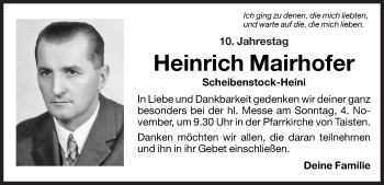 Traueranzeige von Heinrich Mairhofer von Dolomiten