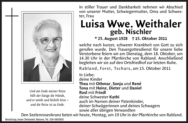  Traueranzeige für Luisa Weithaler vom 17.10.2011 aus Dolomiten