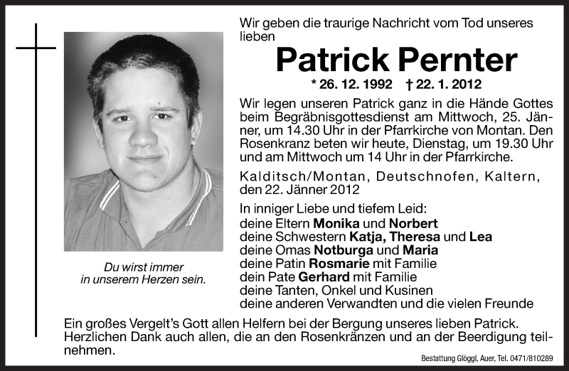  Traueranzeige für Patrick Pernter vom 24.01.2012 aus Dolomiten