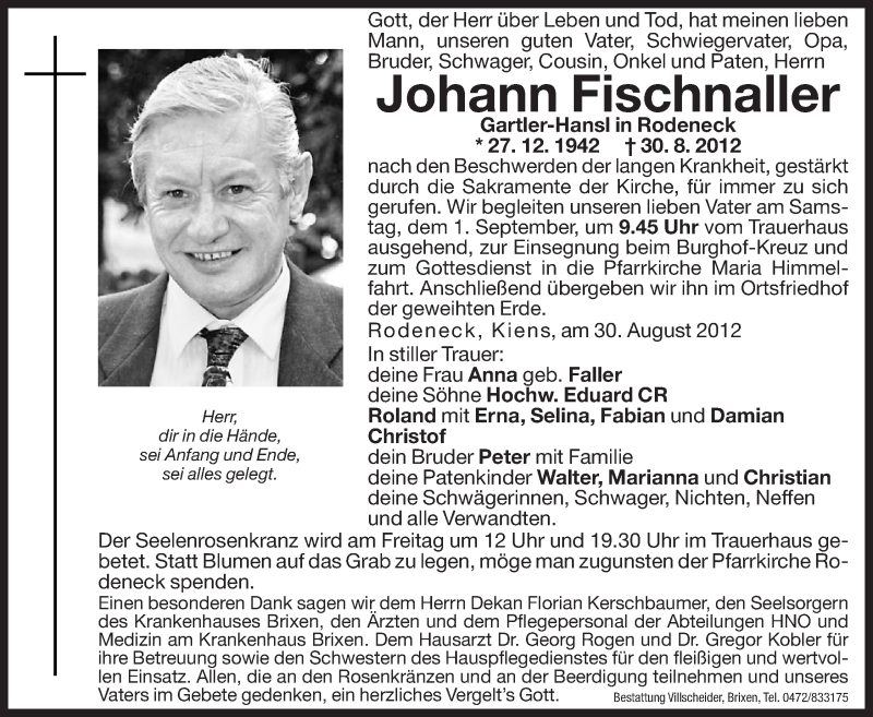  Traueranzeige für Johann Fischnaller vom 31.08.2012 aus Dolomiten