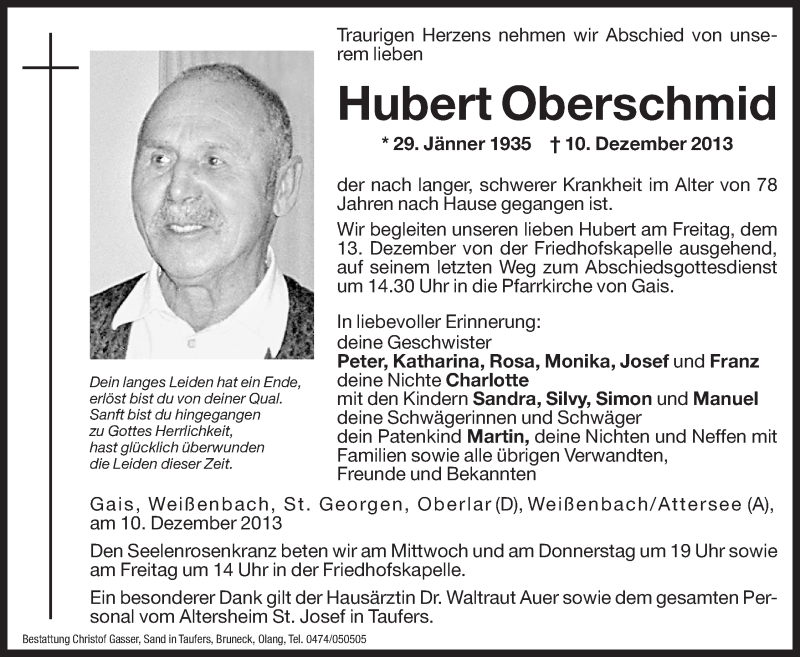  Traueranzeige für Hubert Oberschmid vom 11.12.2013 aus Dolomiten