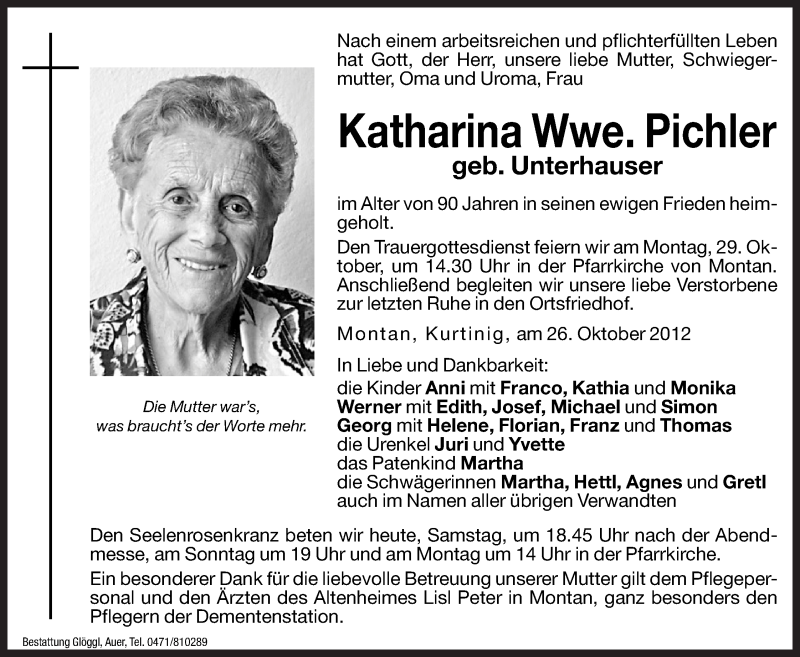  Traueranzeige für Katharina Pichler vom 27.10.2012 aus Dolomiten