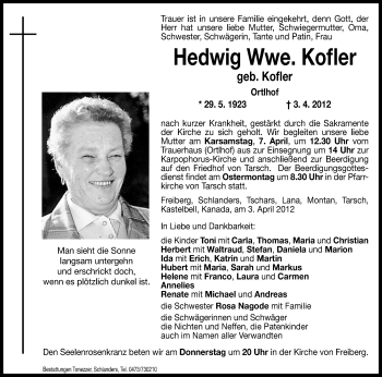 Traueranzeige von Hedwig Kofler von Dolomiten