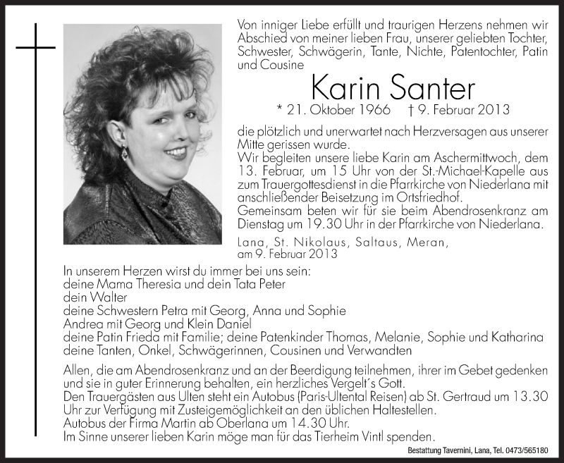  Traueranzeige für Karin Santer vom 12.02.2013 aus Dolomiten