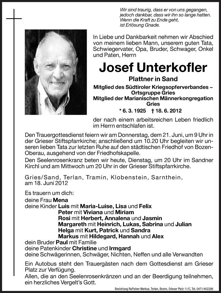  Traueranzeige für Josef Unterkofler vom 19.06.2012 aus Dolomiten