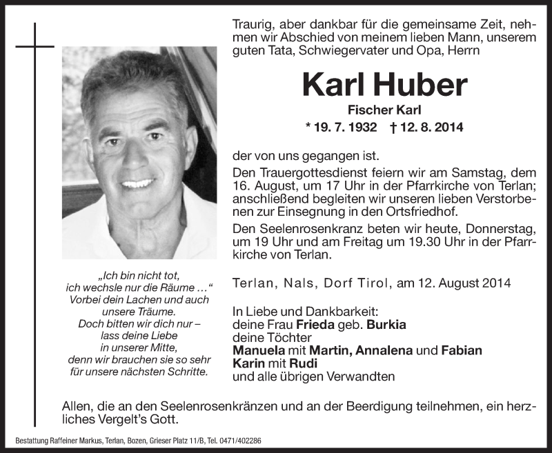  Traueranzeige für Karl Huber vom 14.08.2014 aus Dolomiten