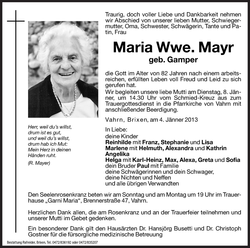  Traueranzeige für Maria Mayr vom 05.01.2013 aus Dolomiten