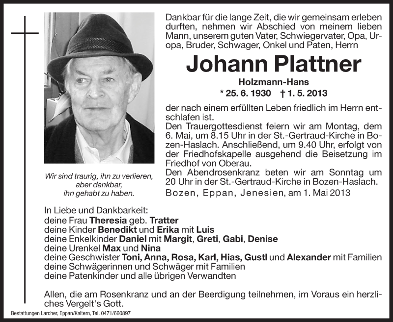  Traueranzeige für Johann Plattner vom 03.05.2013 aus Dolomiten