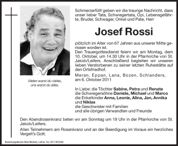 Traueranzeige von Josef Rossi von Dolomiten