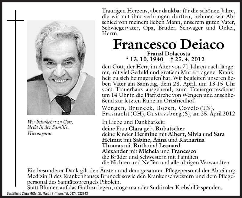  Traueranzeige für Francesco Deiaco vom 27.04.2012 aus Dolomiten