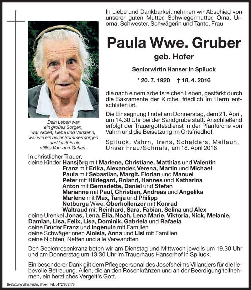  Traueranzeige für Paula Gruber vom 19.04.2016 aus Dolomiten