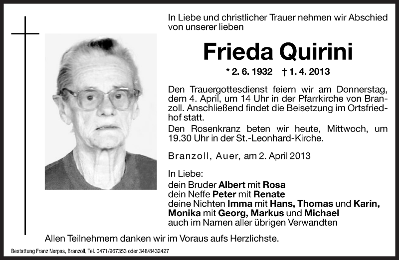  Traueranzeige für Frieda Quirini vom 03.04.2013 aus Dolomiten