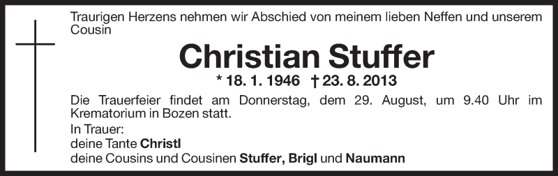  Traueranzeige für Christian Stuffer vom 28.08.2013 aus Dolomiten