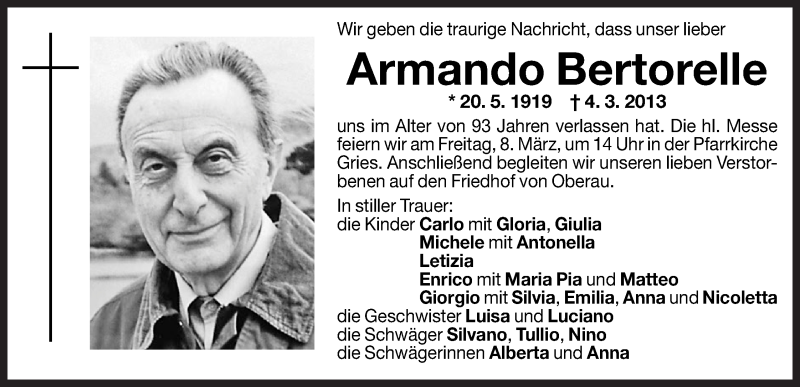  Traueranzeige für Armando Bertorelle vom 06.03.2013 aus Dolomiten